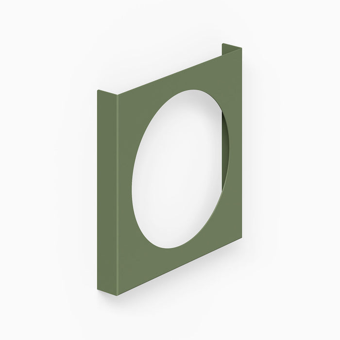 A minimalist olive green metal wall shelf bracket designed for the A-Side Vinyl Record Display, combining durability and functional style.