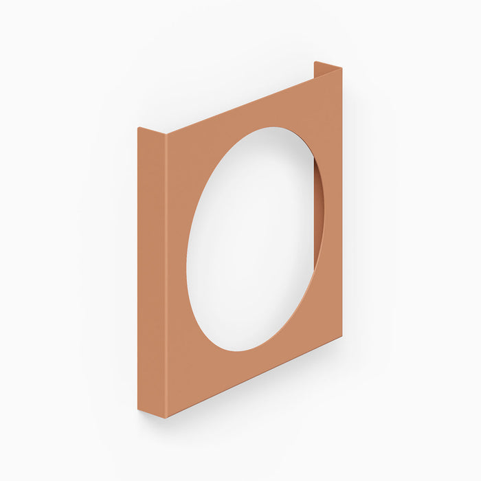 A minimalist clay-colored metal frame with a circular cutout designed for the A-Side Vinyl Record Display to organize and showcase records.