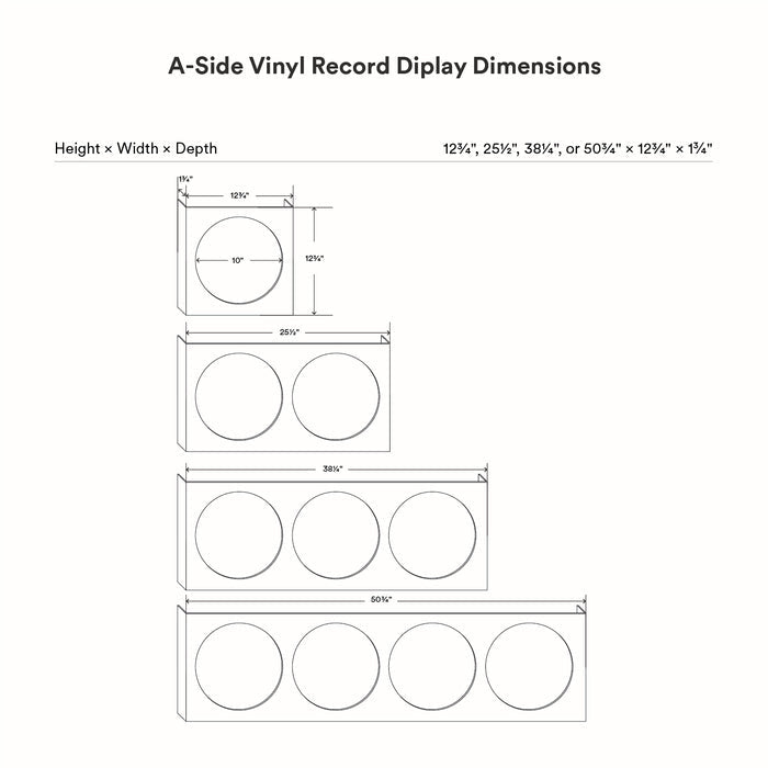 Diagram showing dimensions in inches for the A-Side Vinyl Record Display in four sizes, illustrating height, width, and depth measurements for wall-mounted record display ledges.