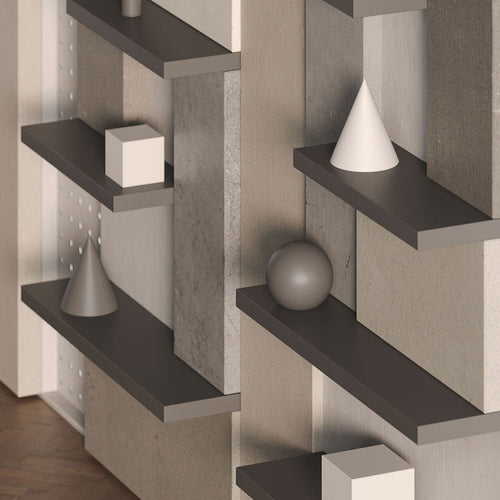Aksel Arsenic Floating Shelf in minimalist setting displaying geometric decor with wall shelves and metal floating shelf brackets