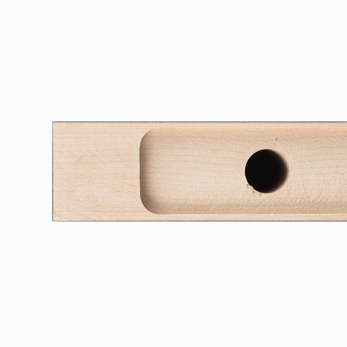 Close-up detail of Aksel Dutch Mocha Floating Shelf showing smooth wood grain and drilled mounting hole for wall installation