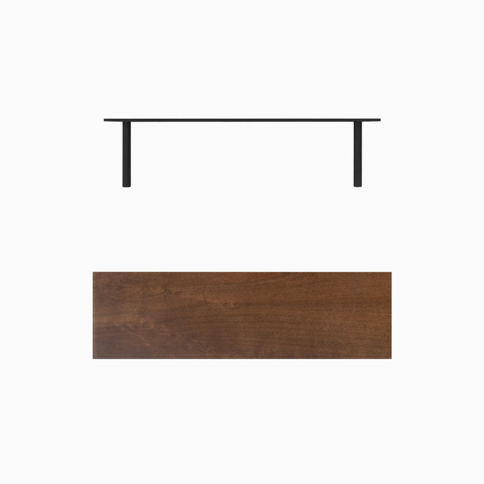 Aksel Espresso Floating Shelf with minimalist dark wood and black metal brackets for sleek wall display and organization.