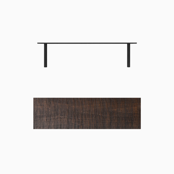 Aksel Espresso Rustic Floating Shelf in rustic textured alder with espresso finish and modern metal brackets by Shelfology