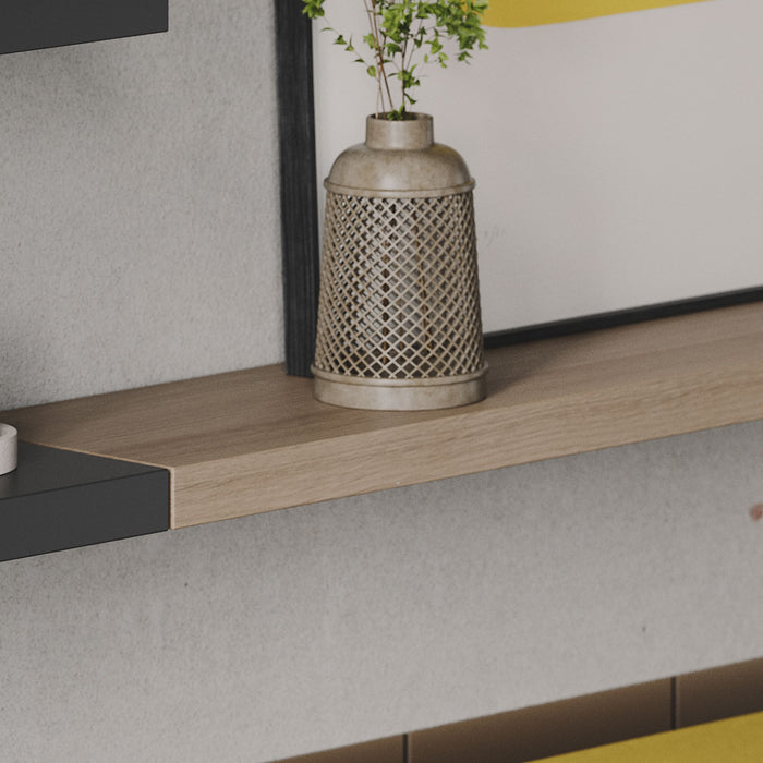 Aksel Glazed White Oak Floating Shelf showcasing minimalist design with decorative vase and wall display ledges.