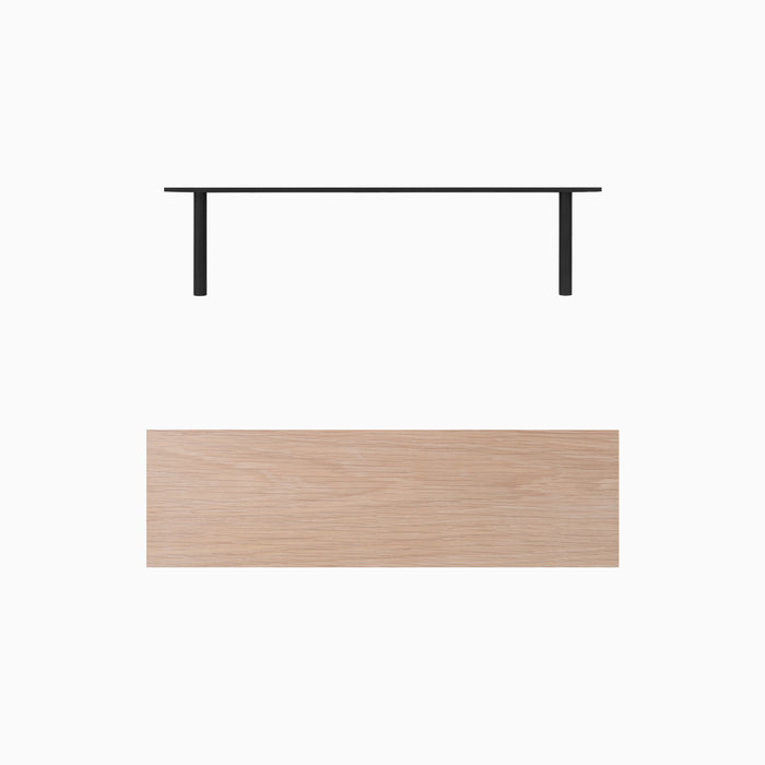 Aksel Glazed White Oak Floating Shelf with black metal floating shelf brackets for minimalist wall display and organization