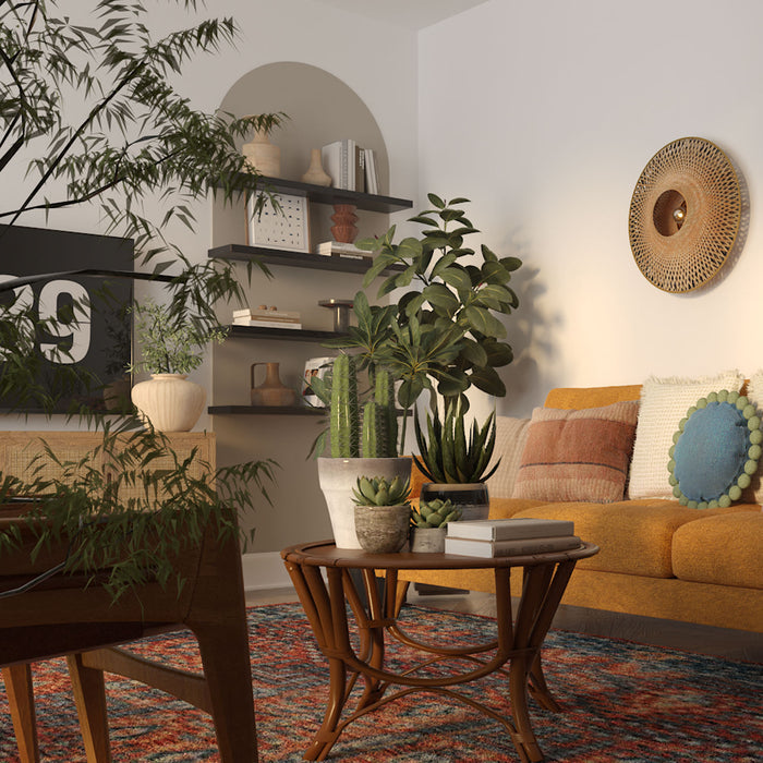 Aksel Glazed White Oak Floating Shelf with plants and decor in a cozy, minimalist living room setting by Shelfology.
