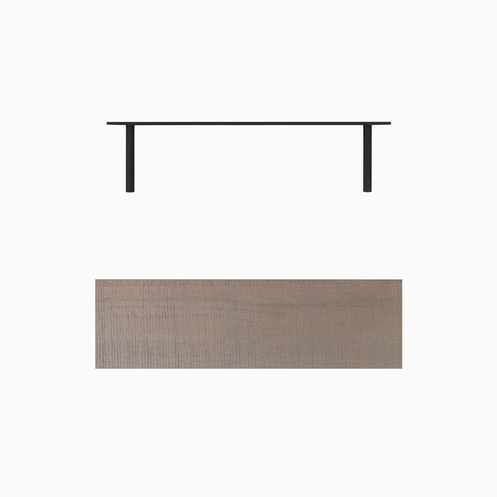 Aksel Hatch Grey Rustic Floating Shelf with minimalist metal floating shelf brackets for functional wall display and organization.