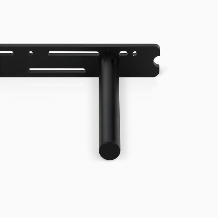 Aksel HD floating shelf bracket front detail showing solid steel construction and rod placement