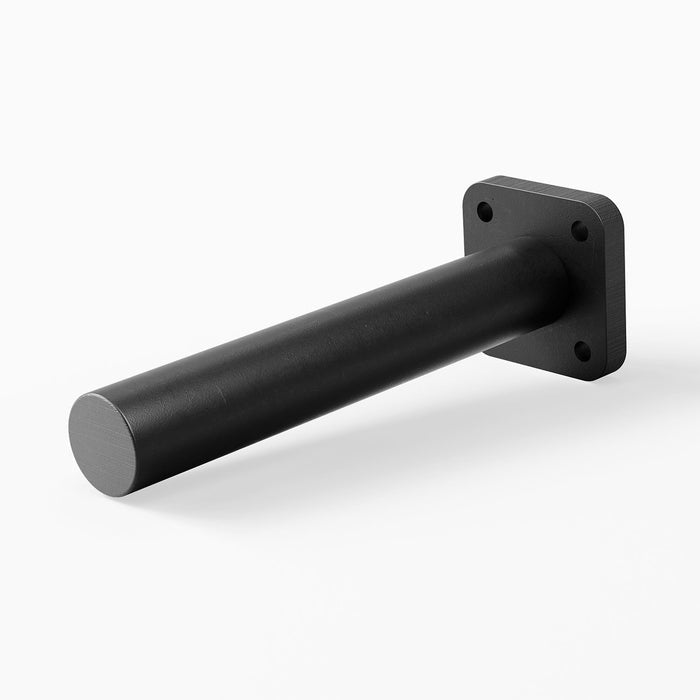 Aksel HD Single Rod Floating Shelf Bracket in matte black solid steel, engineered for heavy-duty support of floating shelves and display ledges.