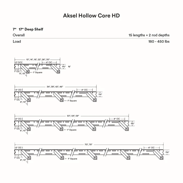 Aksel Hollow Core HD Floating Shelf Bracket technical drawing showing multiple sizes and heavy-duty load capacities