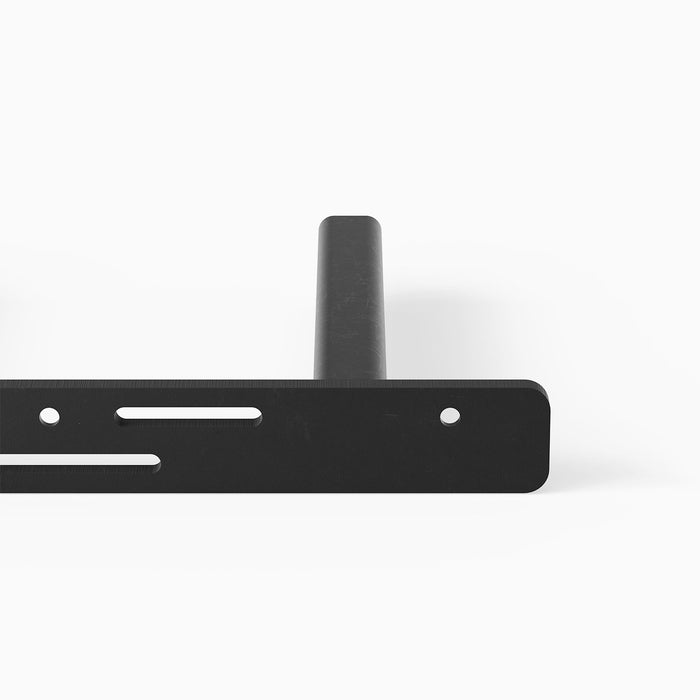 Aksel Hollow Core MD Floating Shelf Bracket in black steel with extended rod for sturdy plywood shelf support and mounting
