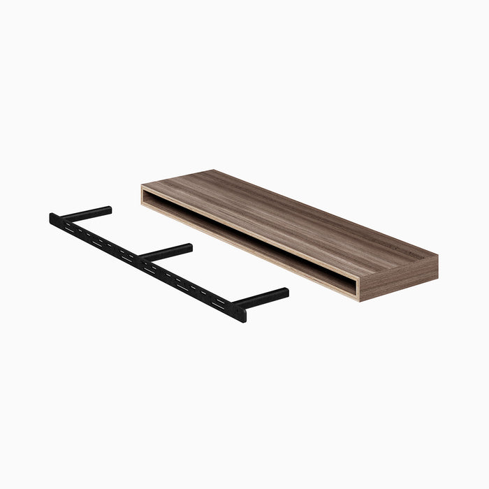 Aksel Hollow Core MD Floating Shelf Bracket in black steel paired with slim plywood floating shelf for wall display