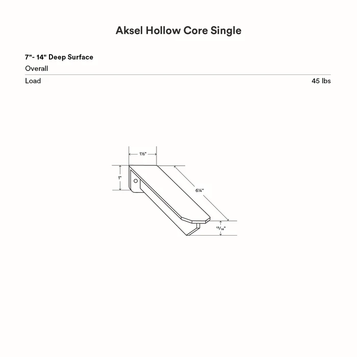 Aksel Hollow Core Single Rod Floating Shelf Bracket in matte black steel with dimensional schematic and weight capacity details