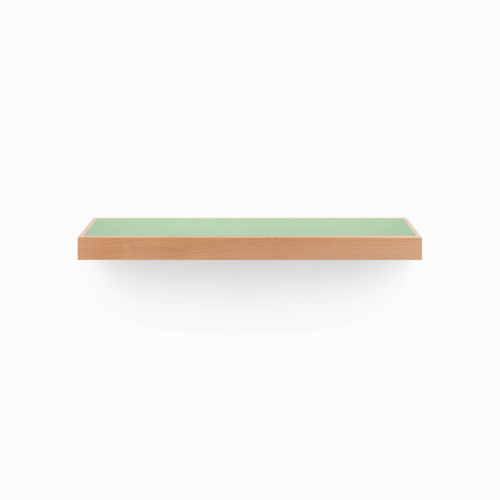 Aksel Inlay Alder Floating Shelf with green inlay top and natural alder wood edge floating against white background