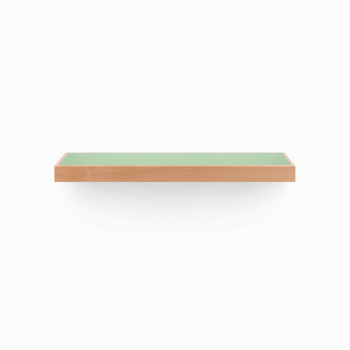Aksel Inlay Alder Floating Shelf with green inlay top and natural alder wood edge floating against white background