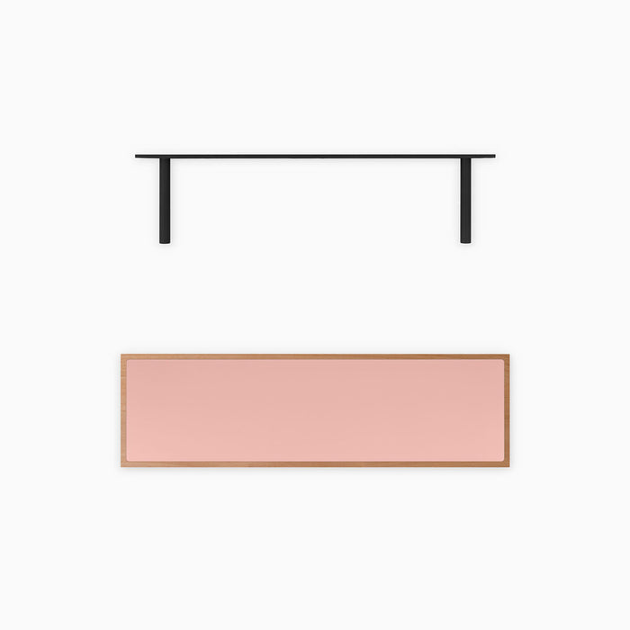 Aksel Inlay Alder Floating Shelf with pink inlay panel and natural alder frame alongside black floating shelf brackets against white background