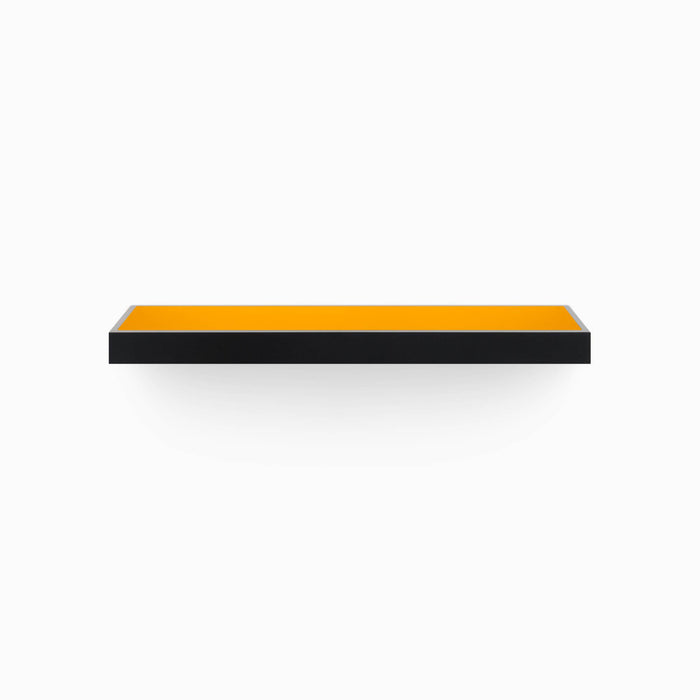 Aksel Inlay Black Floating Shelf with vibrant orange panel and sleek black frame for modern wall display and organization
