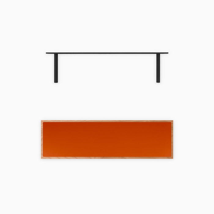 Aksel Inlay Cherry Floating Shelf with vibrant orange panel and natural cherry wood frame paired with sleek black floating shelf bracket