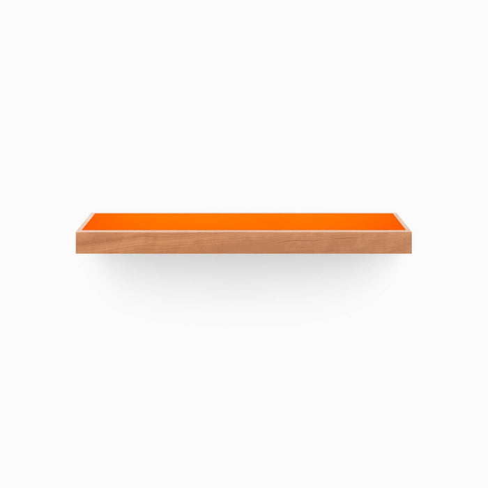 Aksel Inlay Cherry Floating Shelf featuring bright orange inlay and smooth cherry wood frame for stylish wall display and organization