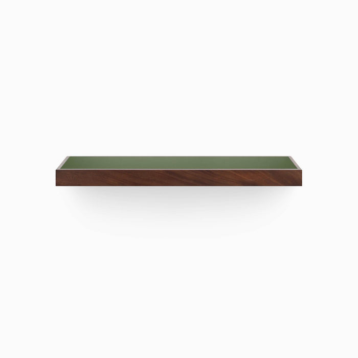 Aksel Inlay Dutch Mocha Floating Shelf with mahogany glue-up frame and smooth olive green display ledge for wall shelving