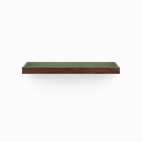 Aksel Inlay Dutch Mocha Floating Shelf with mahogany glue-up frame and smooth olive green display ledge for wall shelving
