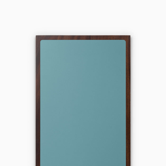Aksel Inlay Dutch Mocha Floating Shelf with rich mahogany glue-up frame and smooth blue display ledge for wall shelving