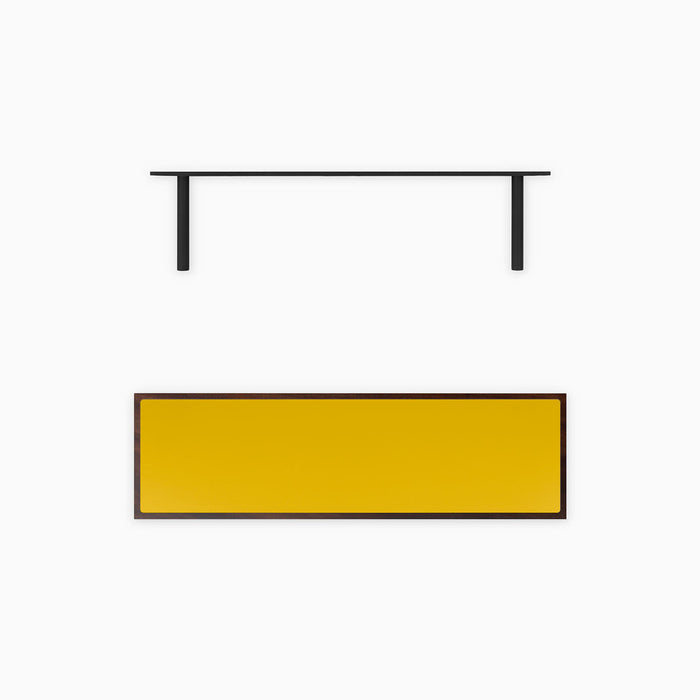 Aksel Inlay Dutch Mocha Floating Shelf with mahogany glue-up frame and mustard yellow display ledge with black metal brackets