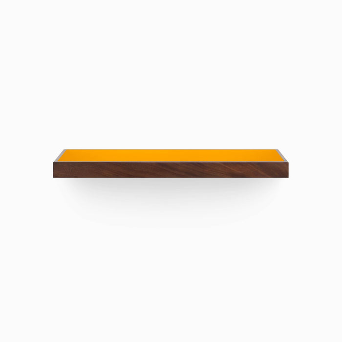 Aksel Inlay Dutch Mocha Floating Shelf with mahogany glue-up frame and vibrant mustard yellow display ledge for wall display