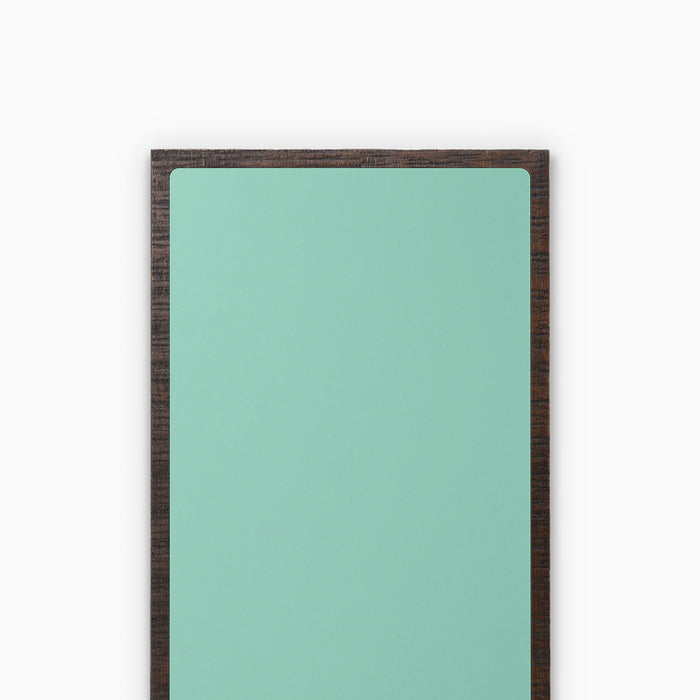 Aksel Inlay Espresso Rustic Floating Shelf featuring a textured dark wood frame with a smooth mint green inlay panel