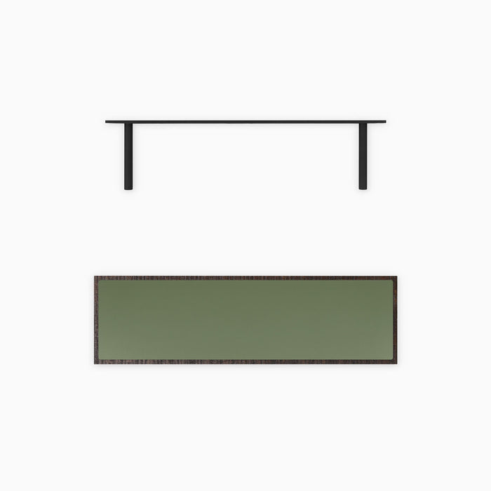 Aksel Inlay Espresso Rustic Floating Shelf with textured dark wood frame and smooth muted green panel with black shelf brackets