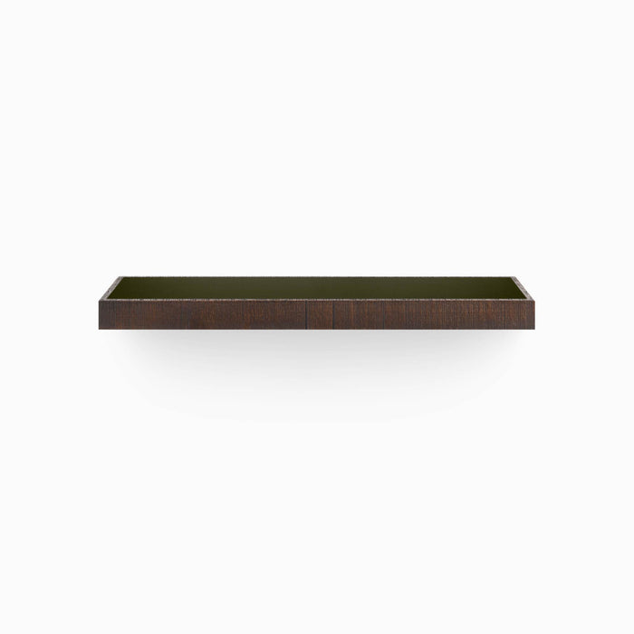 Aksel Inlay Espresso Rustic Floating Shelf with dark textured wood frame and smooth olive green inset panel for wall display