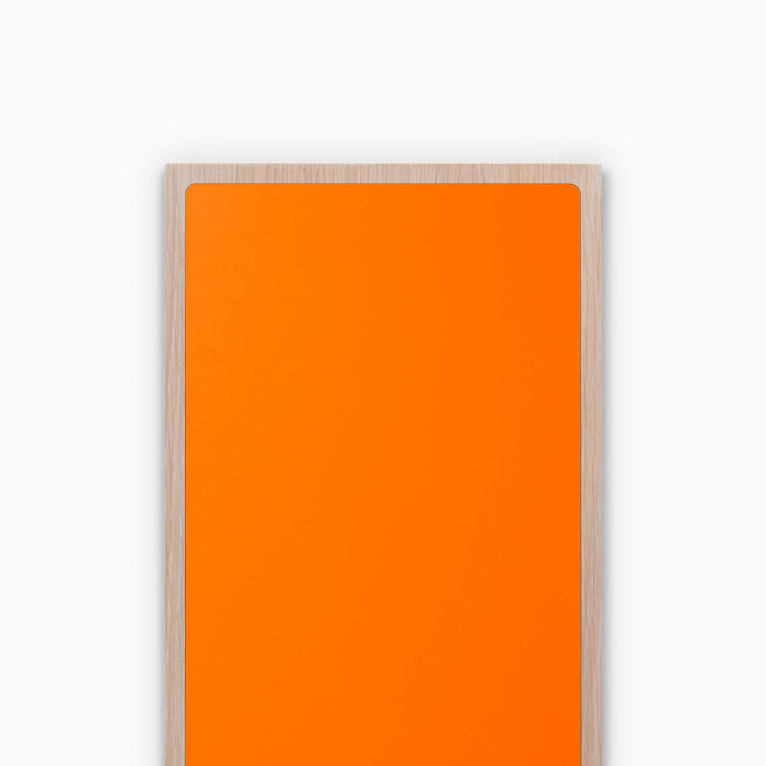 Aksel Inlay Glazed White Oak Floating Shelf with vibrant orange panel and white oak glue-up for contemporary wall display