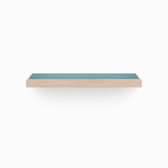 Aksel Inlay Glazed White Oak Floating Shelf with white oak glue-up and muted teal glazed panel for sleek wall display