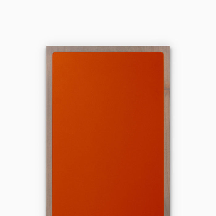 Aksel Inlay Hatch Grey Floating Shelf featuring a smooth orange panel with alder glue-up frame for modern wall display