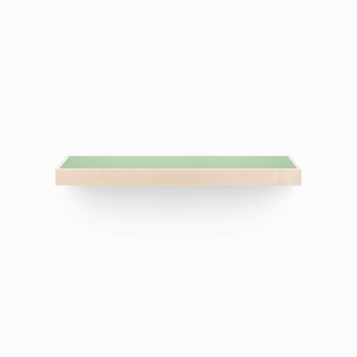 Aksel Inlay Maple Floating Shelf with minimalist design, maple wood frame, and green inlay for stylish wall display and organization.
