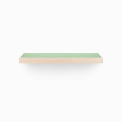 Aksel Inlay Maple Floating Shelf with minimalist design, maple wood frame, and green inlay for stylish wall display and organization.