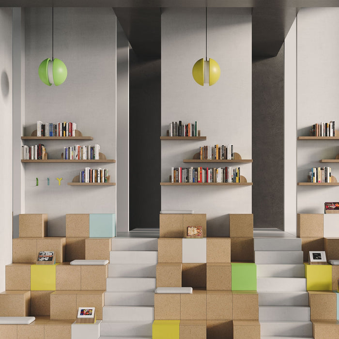 Modern living space featuring Aksel Inlay Maple Floating Shelf with wood floating shelves displaying books and decor