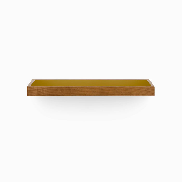 Minimalist Aksel Inlay Nutmeg Floating Shelf with wood frame and yellow inlay for stylish wall display and organization by Shelfology