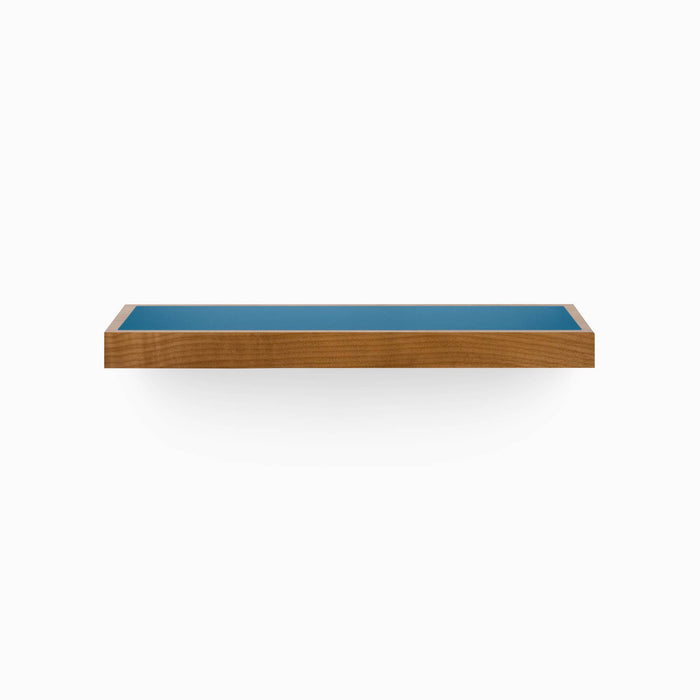 Aksel Inlay Nutmeg Floating Shelf with blue inlay, minimalist wood floating shelf for modern wall display and organization