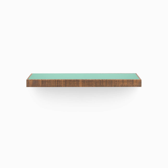 Aksel Inlay Nutmeg Rustic Floating Shelf with minimalist wood design and teal inlay for stylish wall display and organization.