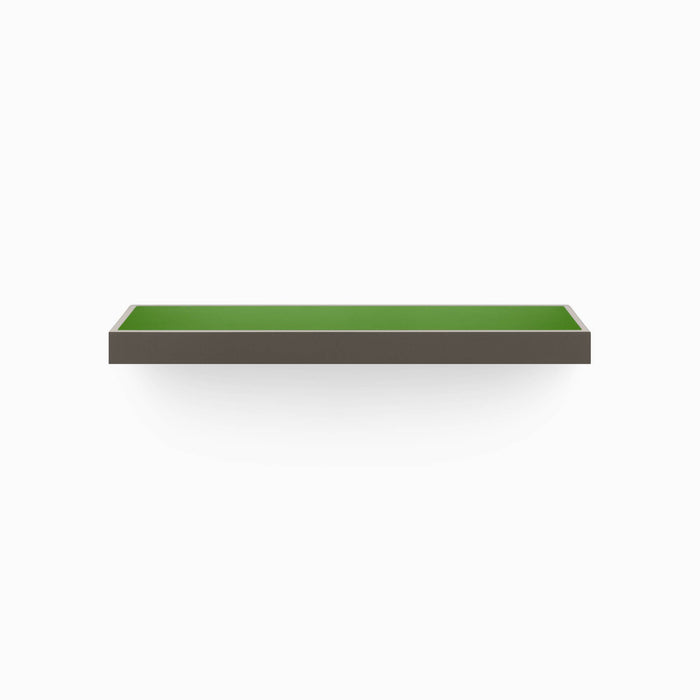 Aksel Inlay Tungsten Floating Shelf with recessed green display ledge and sleek tungsten frame for modern wall organization