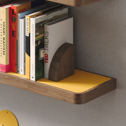 Aksel Inlay Walnut Floating Shelf with smooth yellow display ledge and walnut glue-up for stylish wall shelving and organization