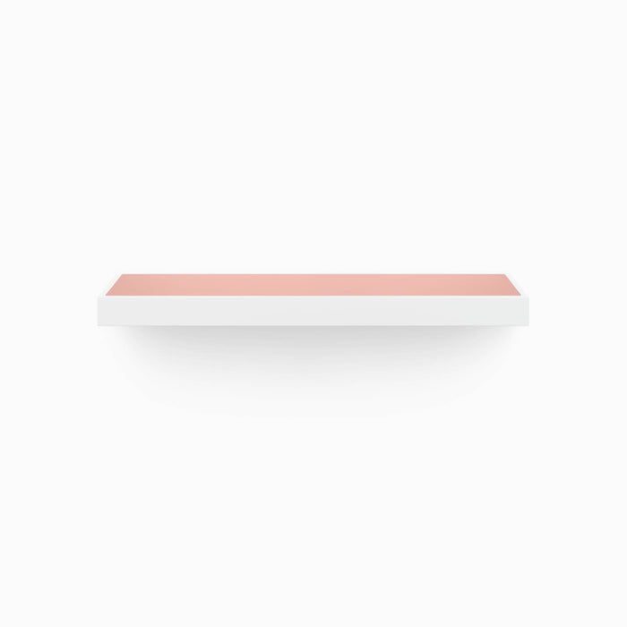 Aksel Inlay White Floating Shelf with smooth white frame and muted terracotta inset panel for modern wall display and organization