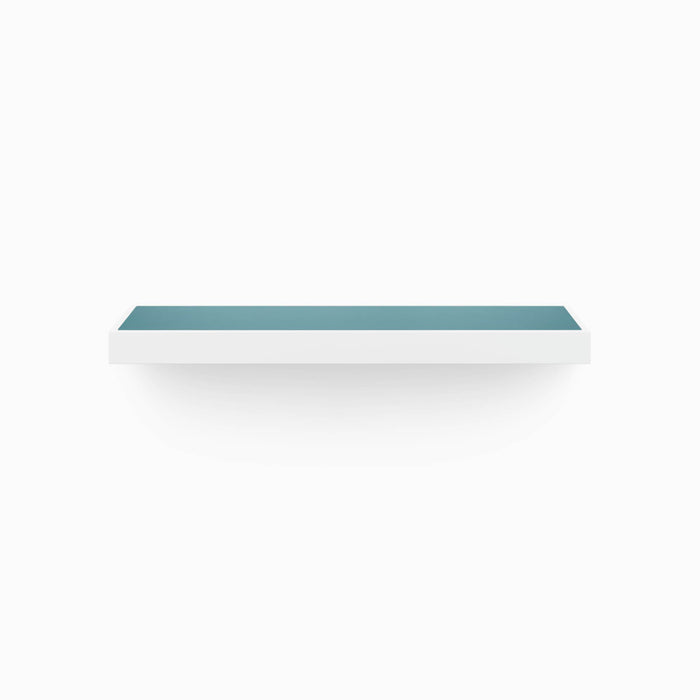 Aksel Inlay White Floating Shelf with clean white frame and muted blue inset panel for sleek wall display and organization