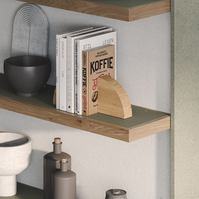 Aksel Inlay White Oak Floating Shelf with white oak frame and muted green inset for modern wall display and organization