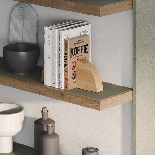 Aksel Inlay White Oak Floating Shelf with white oak frame and muted green inset for modern wall display and organization