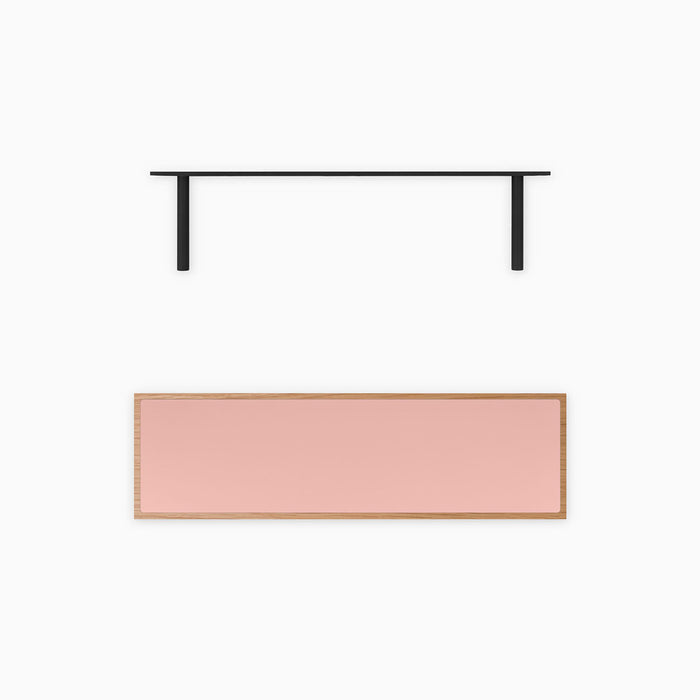 Aksel Inlay White Oak Floating Shelf with natural white oak frame and muted pink inset panel with black floating shelf brackets