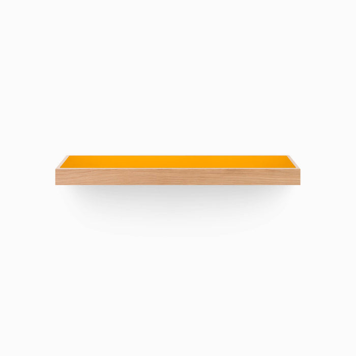 Aksel Inlay White Oak Floating Shelf with natural white oak frame and vibrant orange inset panel for bright wall display and organization