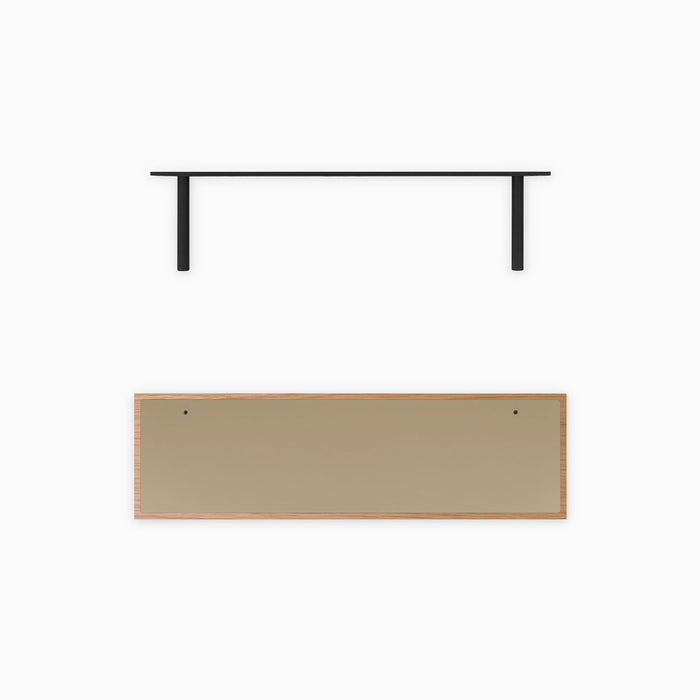 Aksel Inlay White Oak Floating Shelf with natural white oak frame and muted beige inset paired with black floating shelf brackets