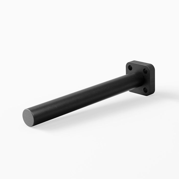 Aksel LD Single Rod Floating Shelf Bracket in black solid steel, designed for sturdy, minimalist wall shelf support and display ledges.